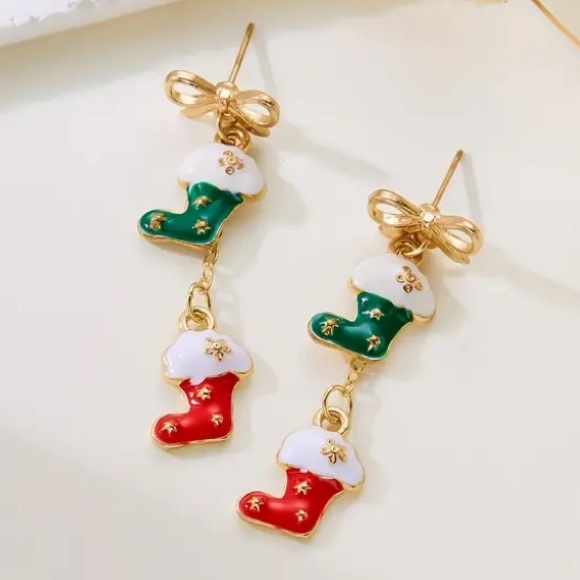 Red & Green Stockings Bow Christmas Holiday Gold Toned Stud Earrings - Picture 2 of 2